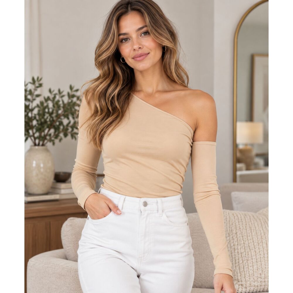 L’agence Hattie One‑Shoulder Beige Long Sleeve Top – Stretch Rayon – Size S NWT